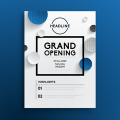 Grand Opening Vector Flyer or Poster Design Template with Abstract Paper Cutout Circles, Geometric Patterns, and Modern Minimalist Layout