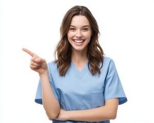 A smiling woman in a blue scrubs pointing with her right hand, cheerful and ready to assist, on a white isolated background.