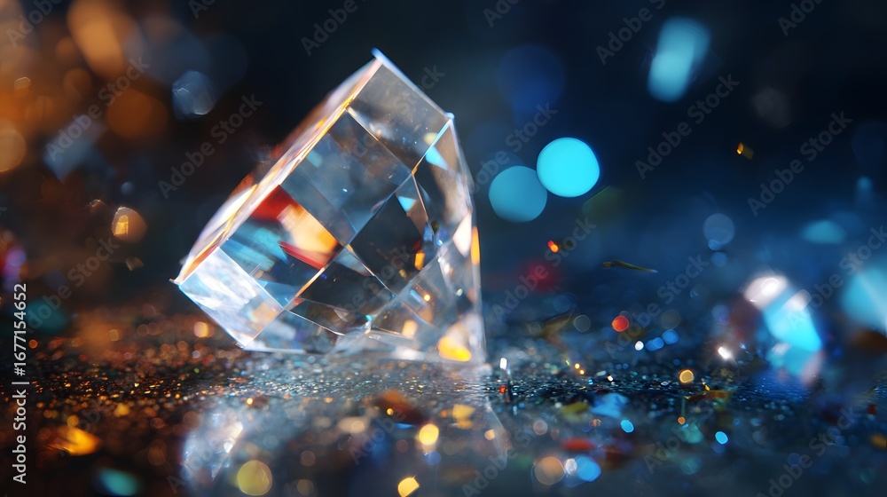 Poster a sparkling diamond on a glittery surface with colorful bokeh lights in the background