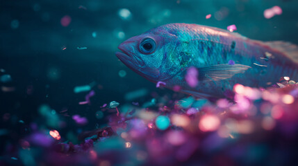 fish underwater surrounded by microplastic pollution, environmental crisis concept, ideal for ecological campaigns, awareness posters and educational materials