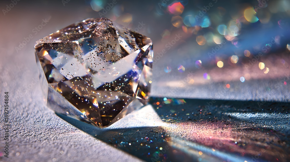 Poster a sparkling crystal diamond on a textured surface, reflecting colorful light and creating a bokeh ef