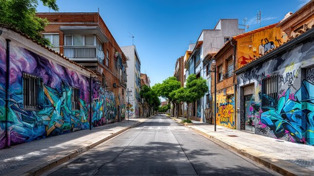A vibrant urban street lined with colorful graffiti-covered buildings, showcasing a spirited and artistic neighborhood.