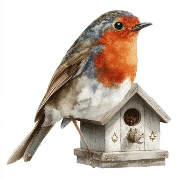 A Charming Watercolor Robin Perched on a Birdhouse, Nature Illustration
