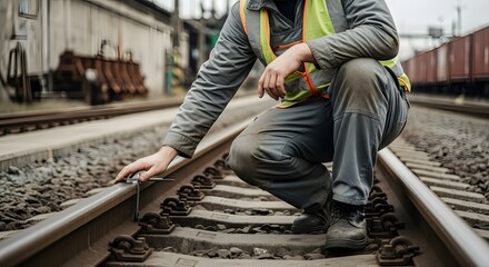 Railway Worker in High-Visibility Vest Inspecting Train Tracks, Ensuring Safety and Maintenance of Railroad Infrastructure