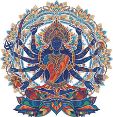 Fototapeta premium Blue- Skinned Goddess Kali in Meditation Amidst Colorful Mandala Hindu goddess blue skin