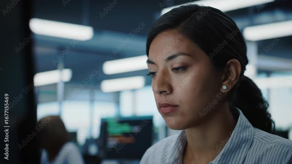 Poster focused hispanic woman working on computer coding in office. software development, data analysis, te
