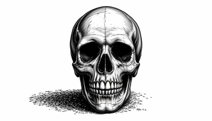 A skull with hollow eye sockets, prominently displayed in the center against a white background. The design is simple yet striking, using black to define the skull's contours.