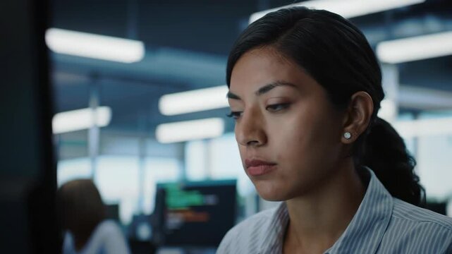 Focused Hispanic woman working on computer coding in office. Software development, data analysis, technology professional, woman at work, computer science, engineering.