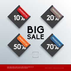 Big Sale Banner Vector Infographic Design with Percentage Discounts and Product Options on Modern Dark Square Diamond Shapes for Retail Marketing and Promotional Advertising 
