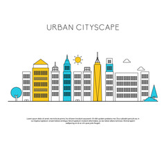 Obraz premium Urban Cityscape Vector Illustration with Line Art Skyscrapers, Buildings, Sun, Tree, Sailboat, and Minimalist Modern Outline Design