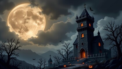 A Halloween themed nighttime scene with a castle lit up by jack o' lanterns against a full moon in a dark sky, surrounded by bare trees.