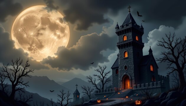 A Halloween themed nighttime scene with a castle lit up by jack o' lanterns against a full moon in a dark sky, surrounded by bare trees.