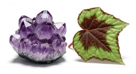 Naklejka premium A captivating contrast of nature's artistry: amethyst crystal and begonia leaf showcase