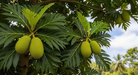 Breadfruit tree bearing vibrant green fruits in a lush tropical garden setting during the day