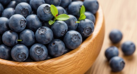 Close-up of fresh blueberries in a wooden bowl on a rustic wooden surface promoting healthy eating