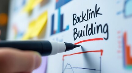 Close up of a hand writing backlink building on a whiteboard with a marker