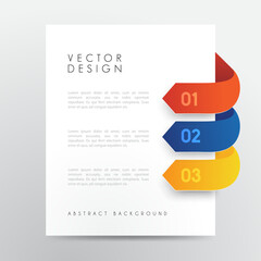 Modern Vector Infographic Design with Three Colorful Curled Ribbon Arrows, Numbered Steps, and Abstract Background for Business Flyer or Presentation