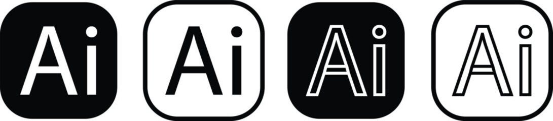 Artificial intelligence AI icon set collection group in black flat and line style, technology logo pack, outline symbol bundle, minimal glyph assortment, modern digital design elements