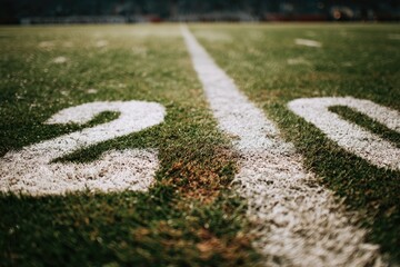 Close-up of a football field's yard lines with the numbers 20 and 2
