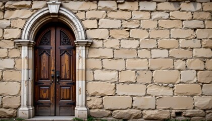 A photograph of a weathered stone building with a large arched doorway, featuring a wooden door with metal handles and a sturdy frame set in stonework
