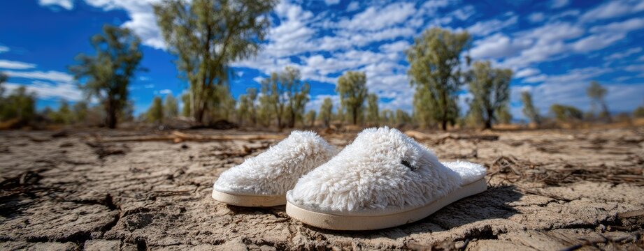 White slippers on cracked earth, beneath a partly cloudy blue sky, against a backdrop of sparse trees