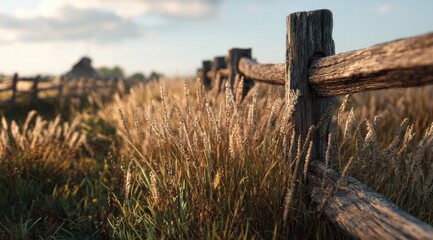Rustic wooden fence in a golden field at dawn