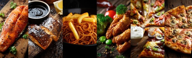 Variety of food dishes displayed in a collage, including grilled salmon, pasta, fried chicken wings, pizza, and french fries