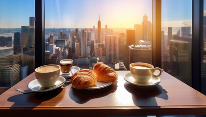 sunlight streams into a city cafe espresso cups and pastries on a table overlooking the cityscape skyscrapers glass
