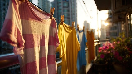 Fototapeta premium Colorful clothes drying on a clothesline on a balcony. Sunlight casts warm glow. Cityscape in the background