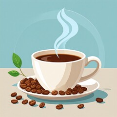 Obraz premium Steaming hot coffee in a white cup surrounded by roasted coffee beans and a green leaf, creating a cozy morning ambiance