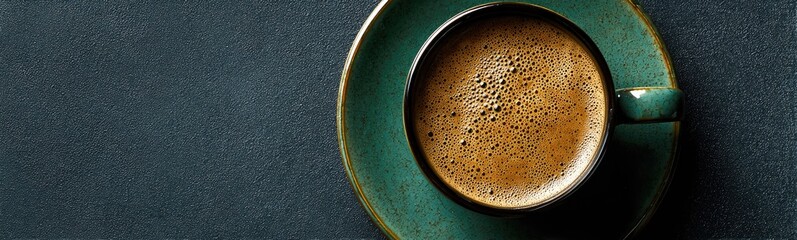 A teal-colored coffee cup filled with dark espresso on a dark slate surface
