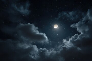 Full moon bathed in starlight, behind dark, thick clouds