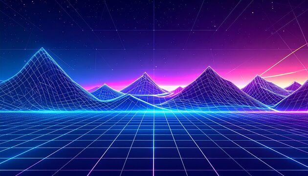 Neon Gridscape A Futuristic Digital Landscape Depicting Mountains and a Cyberpunk Aesthetic