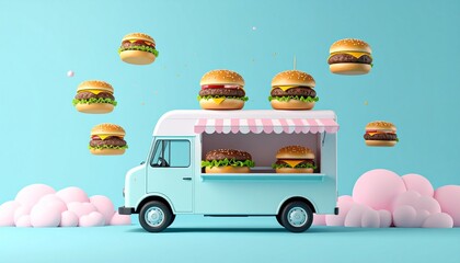 Charming pastel food truck concept with delicious cheeseburgers floating in a whimsical blue sky with fluffy pink clouds