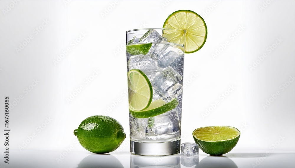 Poster gin and tonic with lime wedges and ice cubes in a tall glass crisp and refreshing isolated on a whit