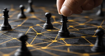A hand places a black king chess piece on a dark chessboard with interconnected gold lines