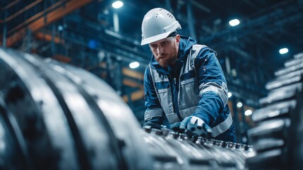 Factory Worker Maintaining Industrial Machine