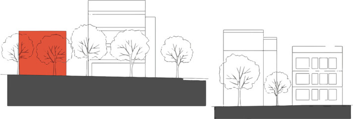 Isolated a Architectural Drawings, Minimal style cad tree line drawing, Side view, set of section garden city street building outline for landscape design drawing in separate element vector art .
