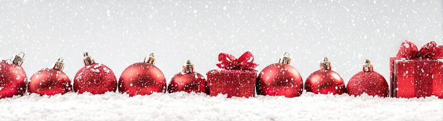 Red Christmas ornaments and presents on snow (1)