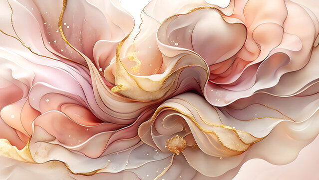 Abstract swirling petals with delicate gold accents and soft pastel hues