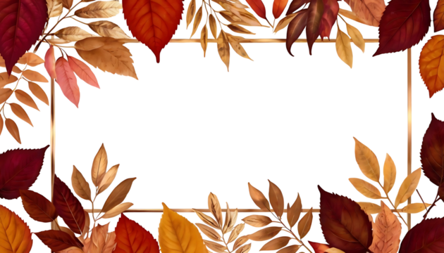 Rustic Autumn Leaves and Gold Frame PNG on Transparent Background - Fall Border for Greeting Cards, Web Banners, and Social Media
