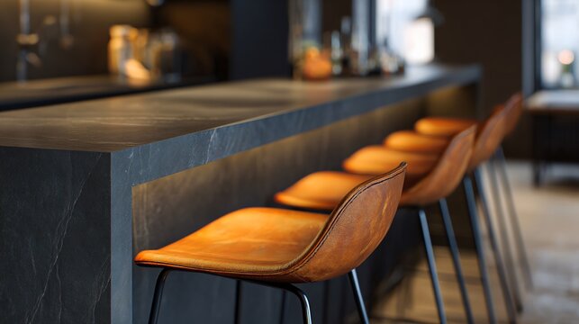 Minimalist charcoal kitchen bar with rust-orange bar stools and subtle amber light accents