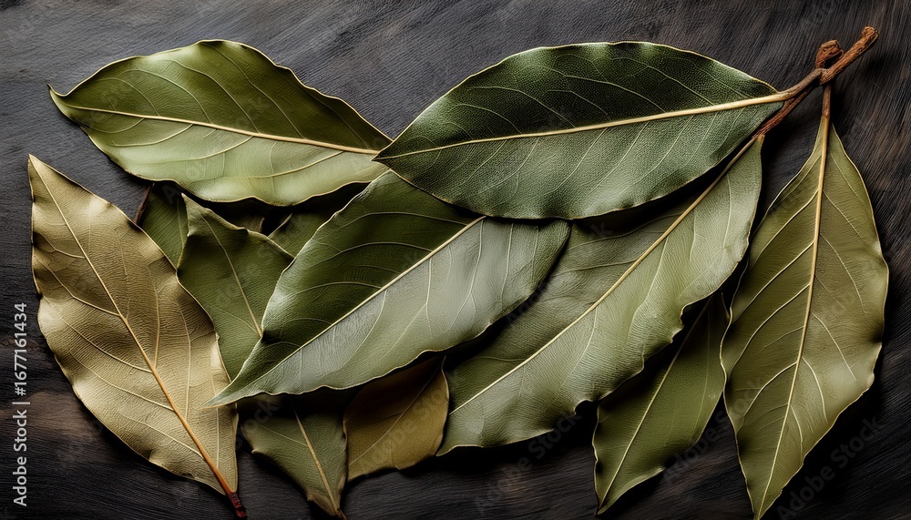 Poster freshly picked bay leaves are laying on a surface creating a textured backdrop