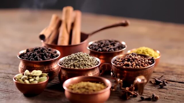 Spices in Copper Bowls on Rustic Wood Table Closeup.