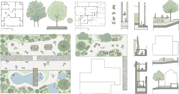 Isolated a Architectural Drawings, people plan vector in park out door top view, Minimal style hand drawn, set elements for architecture and landscape design. Sections, Elevations. vector art .