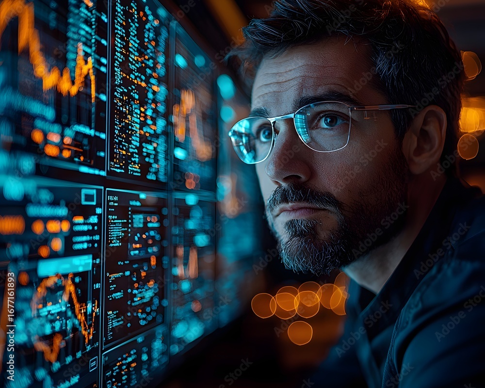 Poster logistics manager analyzing real time supply chain data in a high tech control room