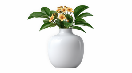 White vase with yellow flowers left copy space