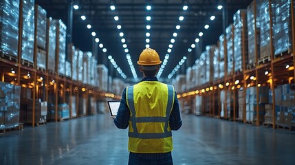 A worker in a warehouse using a tablet to track inventory movements