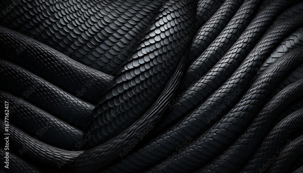 Poster 3d render abstract background with black snake with scales texture