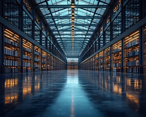 A futuristic high tech smart warehouse with glass ceilings and rows of shelves for efficient inventory storage and logistics
